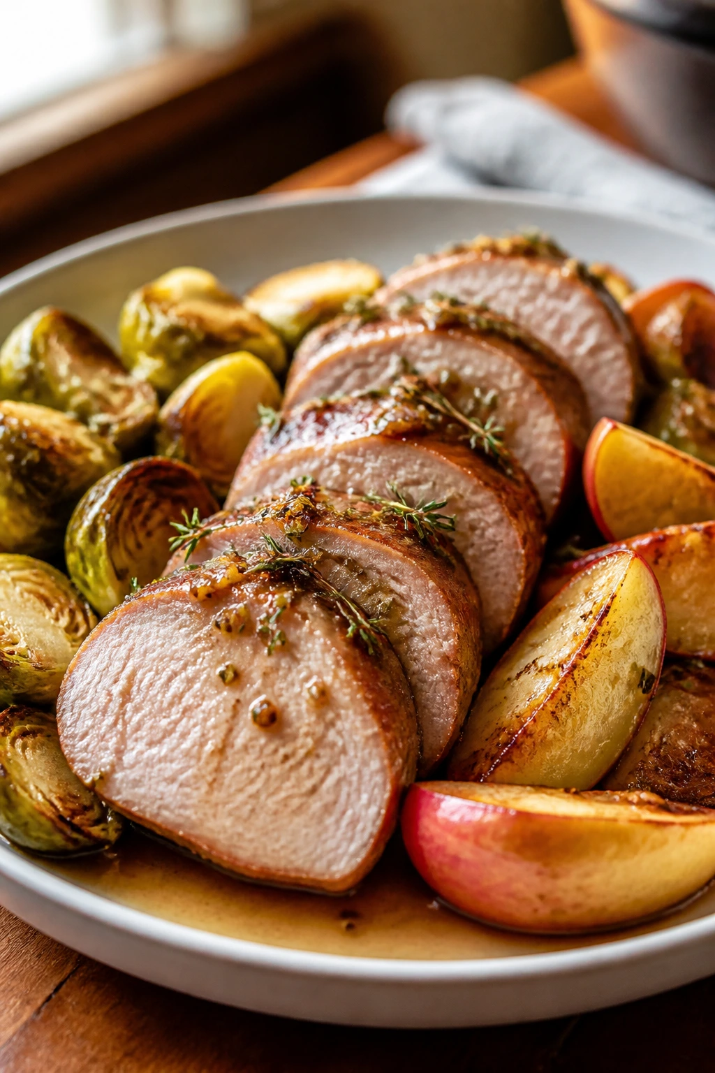 Pork tenderloin with apples and Brussels sprouts plated in a cozy kitchen