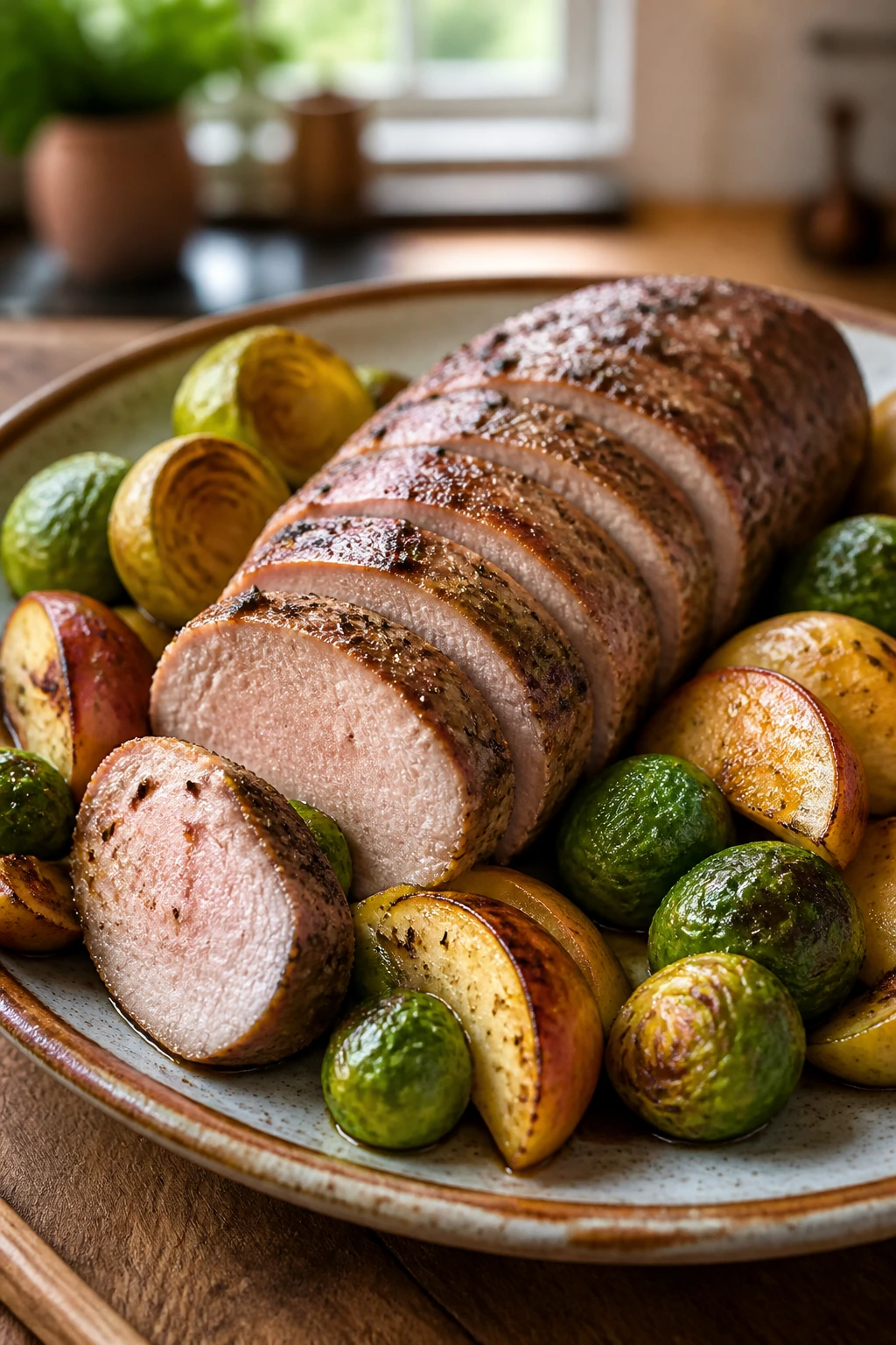 Close-up of pork tenderloin with apples and Brussels sprouts on a rustic plate.