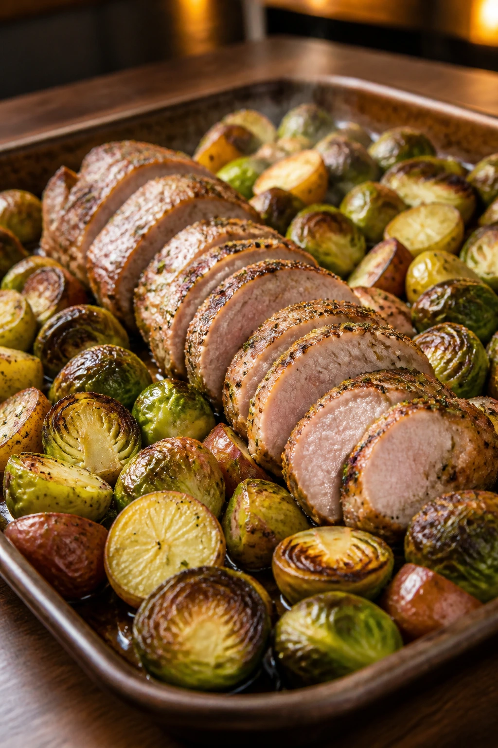 Close-up of pork tenderloin medallions with Brussels sprouts and potatoes on a sheet pan, roasted to golden brown