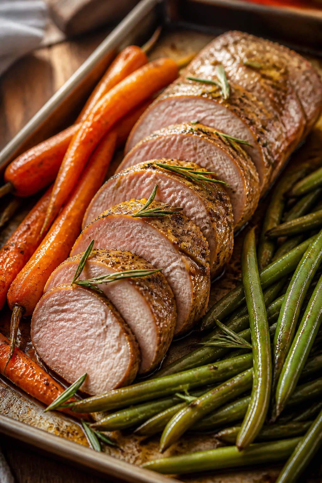 Roasted pork tenderloin with carrots and green beans on a sheet pan