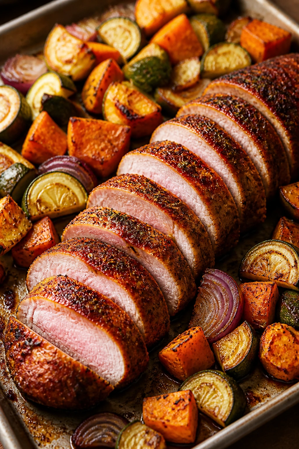 Close-up of chili-lime pork tenderloin with roasted vegetables