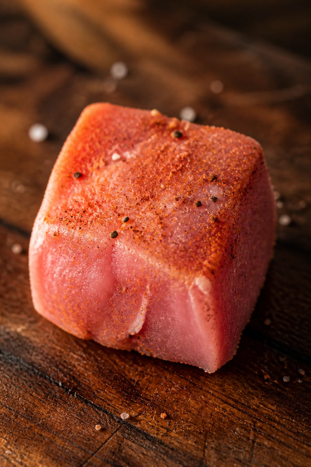 Cubed pork tenderloin with seasoning on wood surface