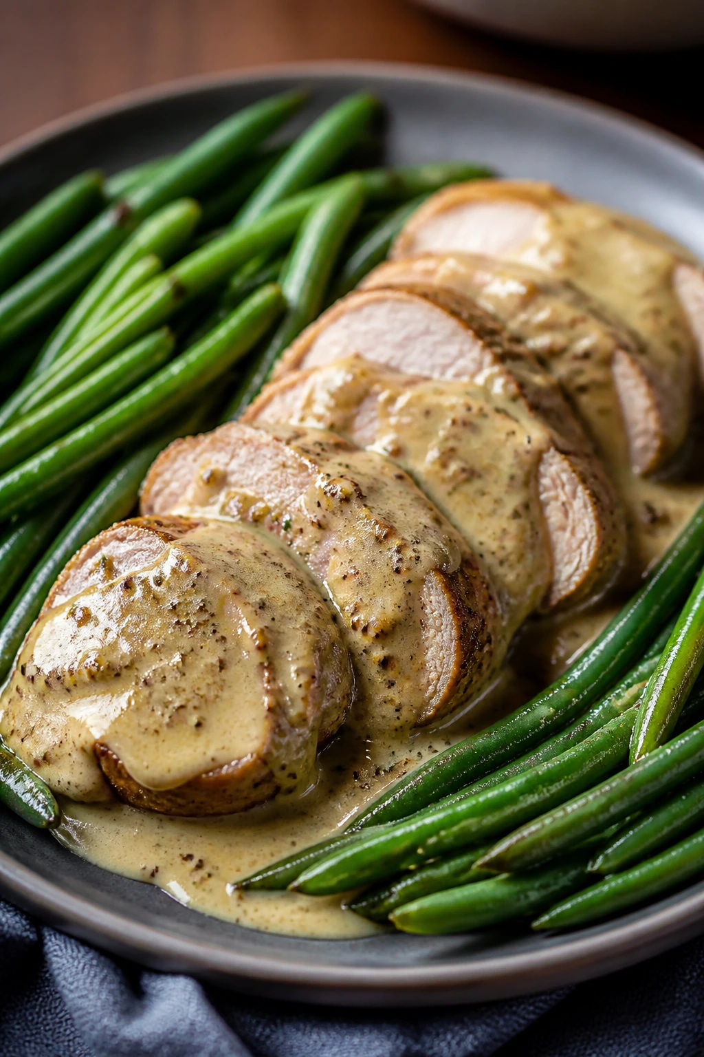 Close-up of pork tenderloin medallions with Dijon cream sauce and green beans