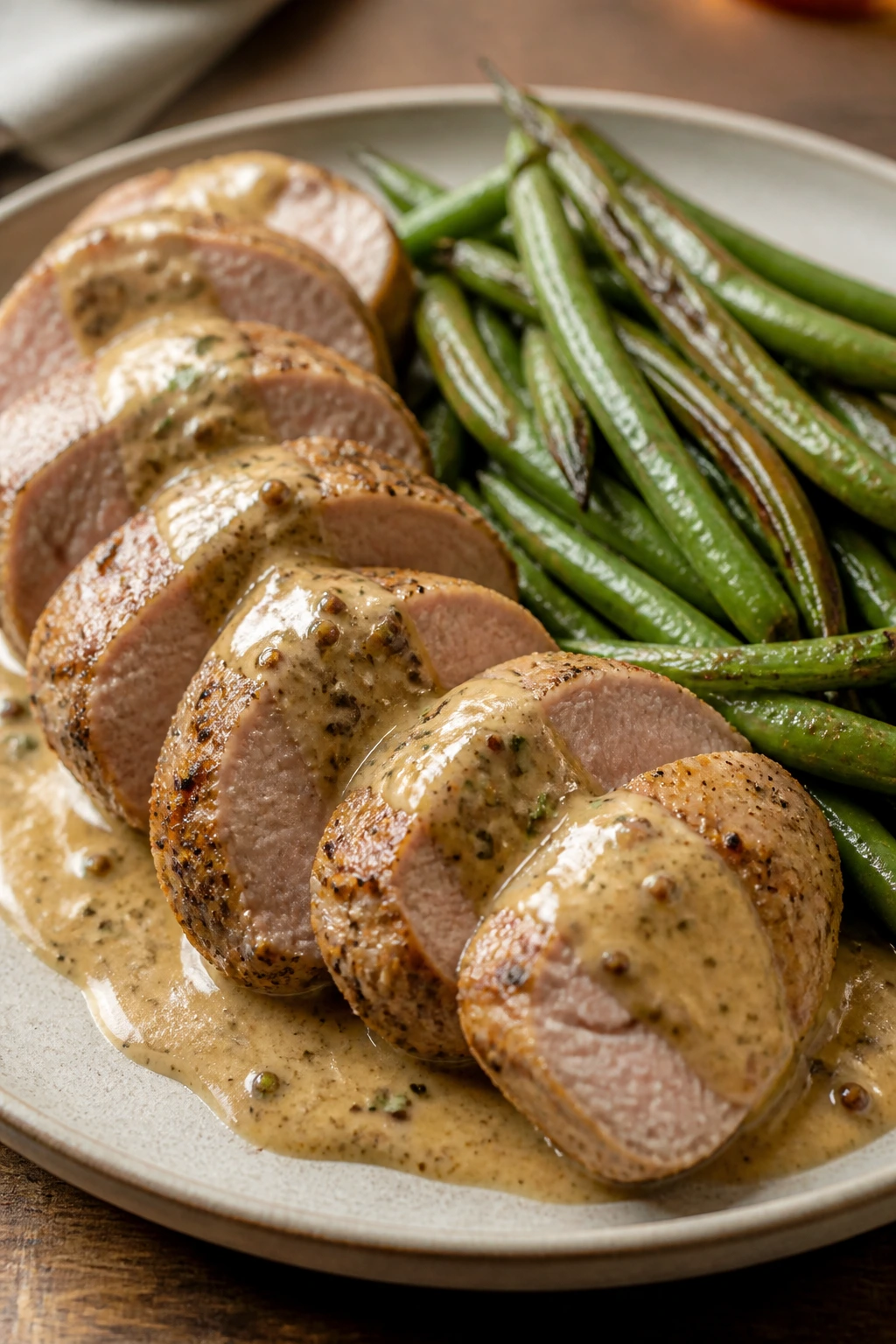 Close-up of pork tenderloin medallions with Dijon cream sauce and green beans on a plate