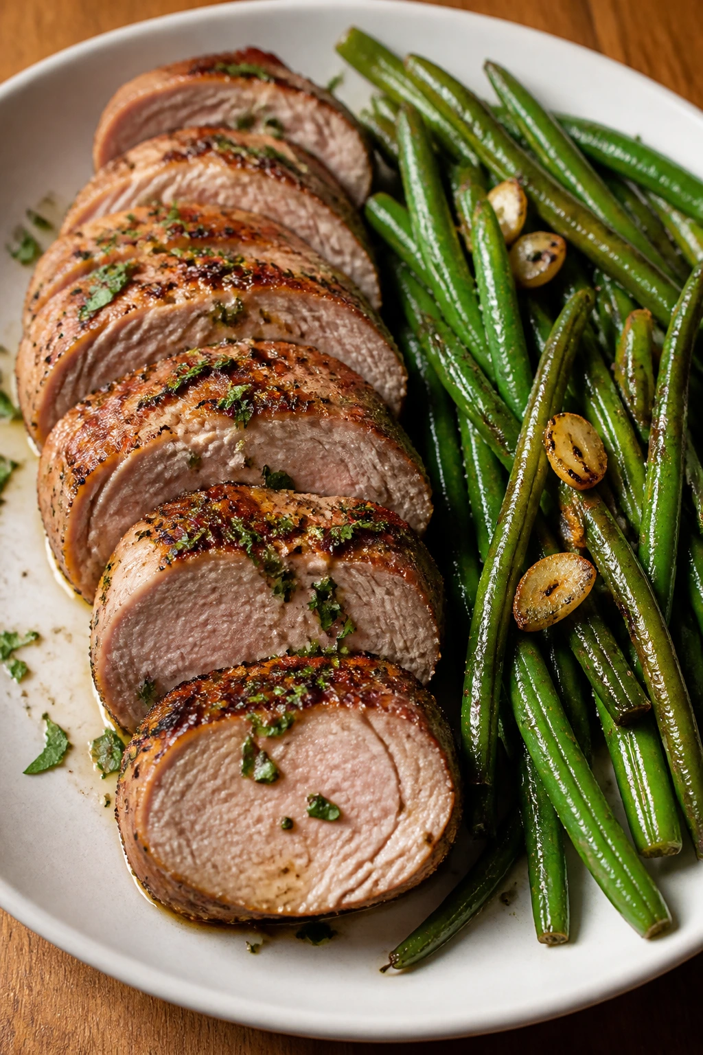 Plate of pork tenderloin with garlic green beans on a warm kitchen table.