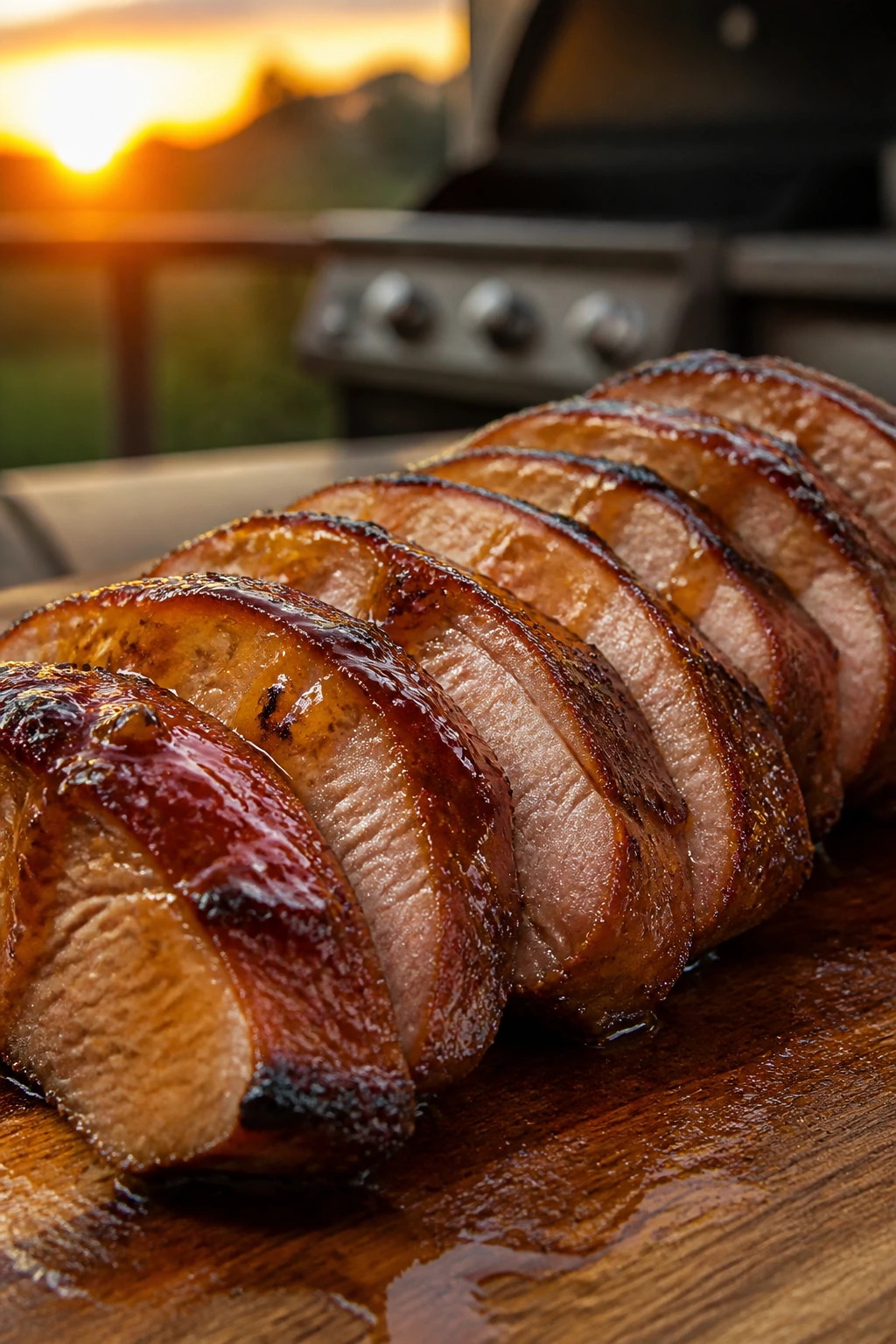Juicy pork tenderloin slices with peach glaze on a cutting board