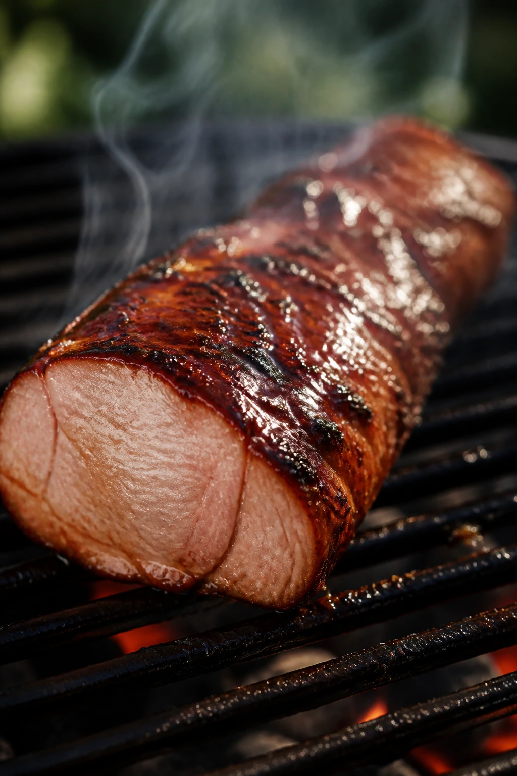 Pork tenderloin grilling with glossy BBQ glaze