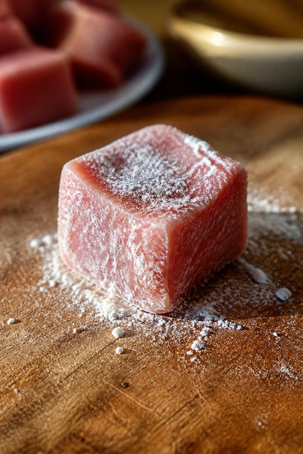 Single pork tenderloin cube on cutting board, showing ingredient detail