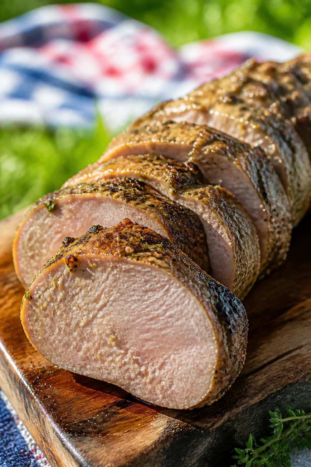 Close-up of mustard-glazed pork tenderloin medallions on a rustic board outdoors