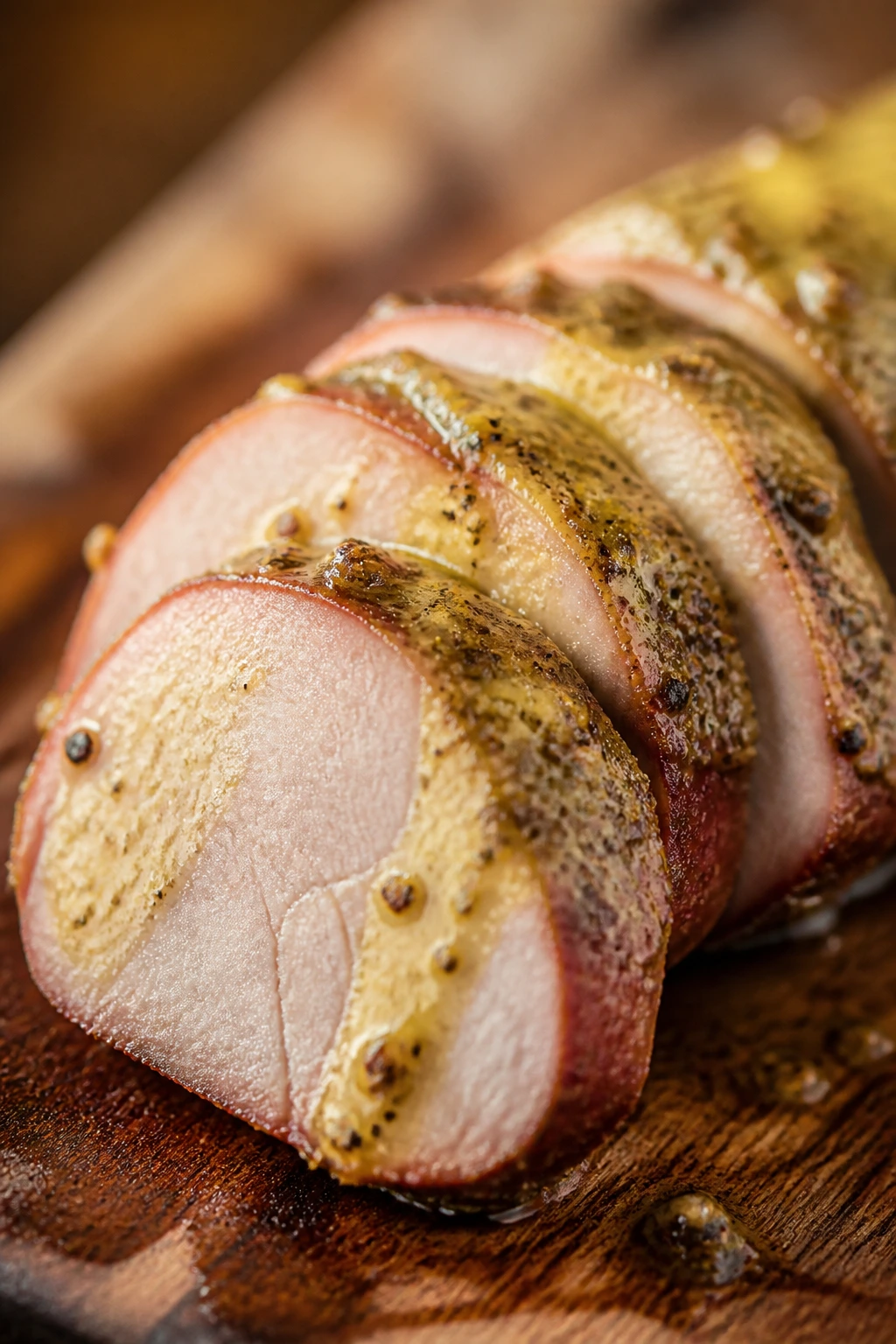 Close-up of pork tenderloin medallions with mustard mop
