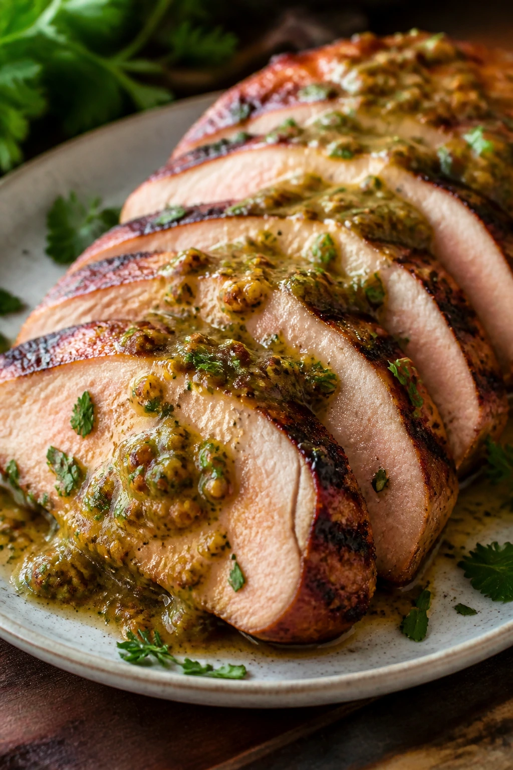 Close-up of sliced pork tenderloin with mustard herb sauce