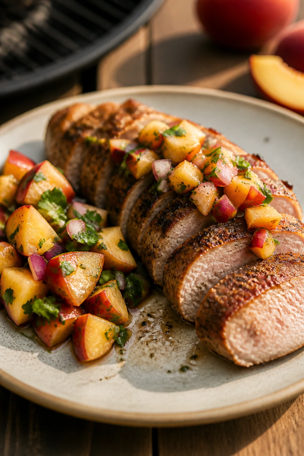 Close-up of sliced pork tenderloin with nectarine salsa on a plate