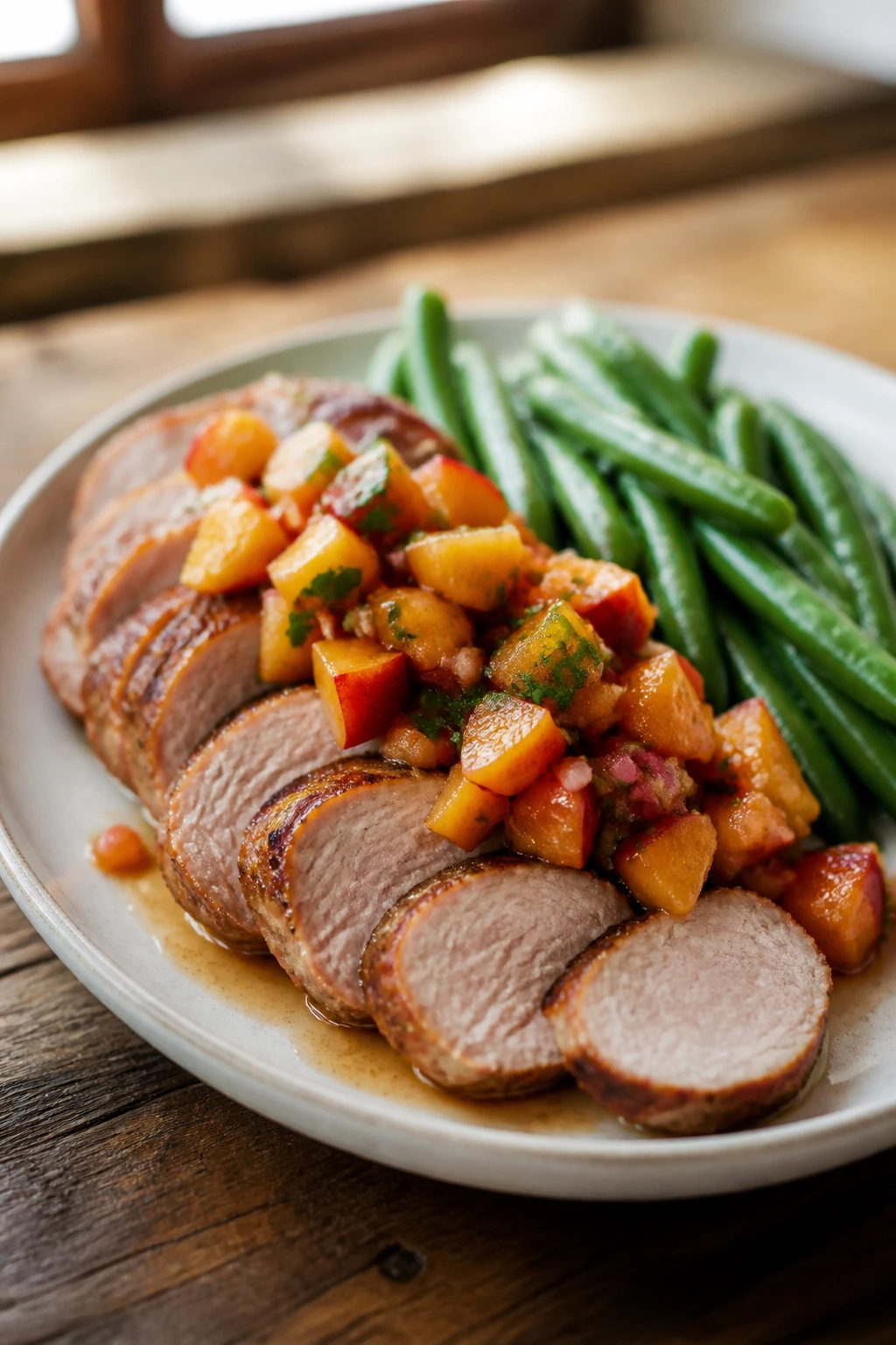 Pork tenderloin with peach salsa on plate