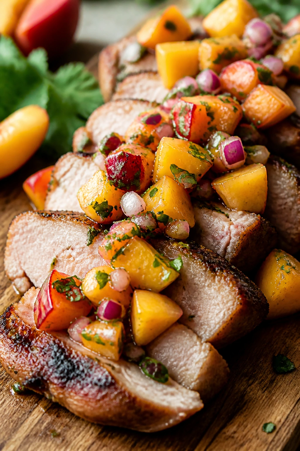 Pork tenderloin with peach salsa on a rustic board