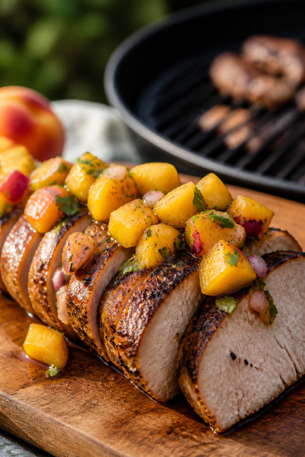 Grilled pork tenderloin with peach salsa on cutting board