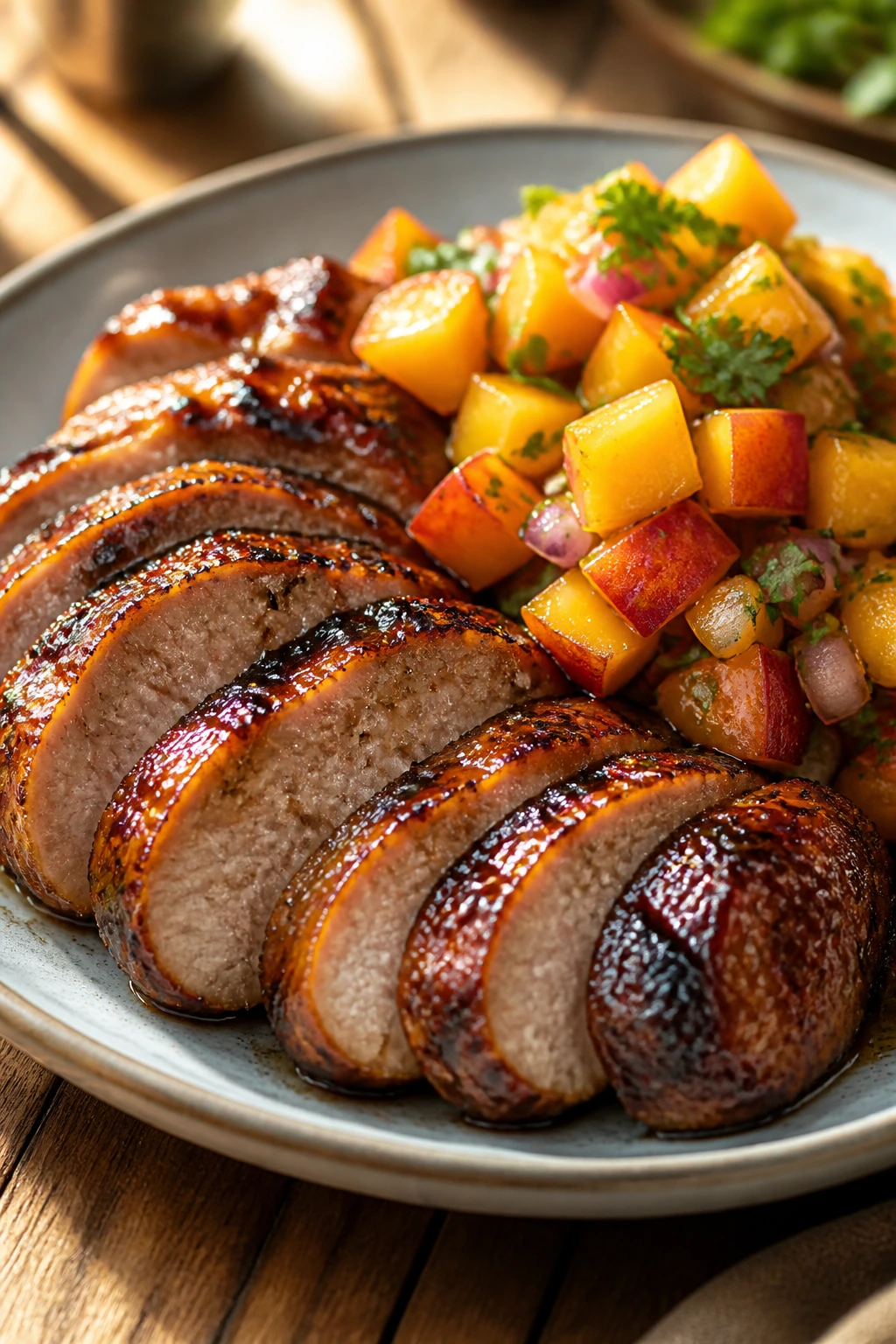Pork tenderloin with peach salsa on a rustic plate