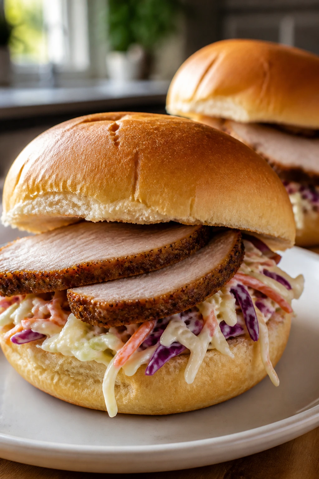 Close-up of pork tenderloin sandwich with slaw on plate