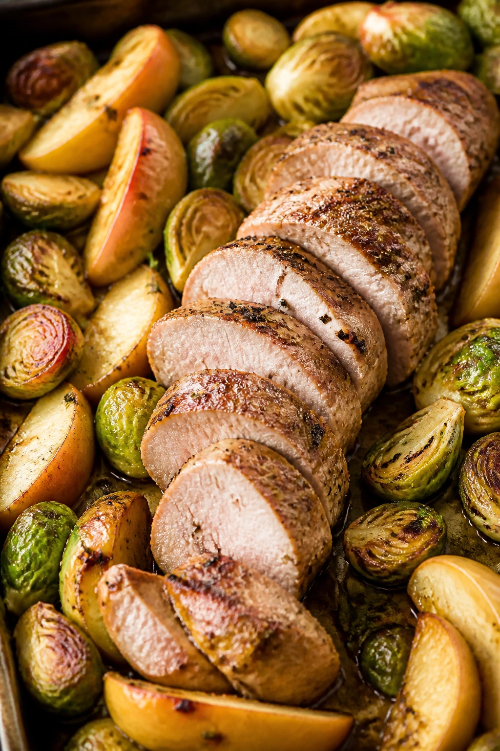 Roasted pork tenderloin with apples and Brussels sprouts on a sheet pan