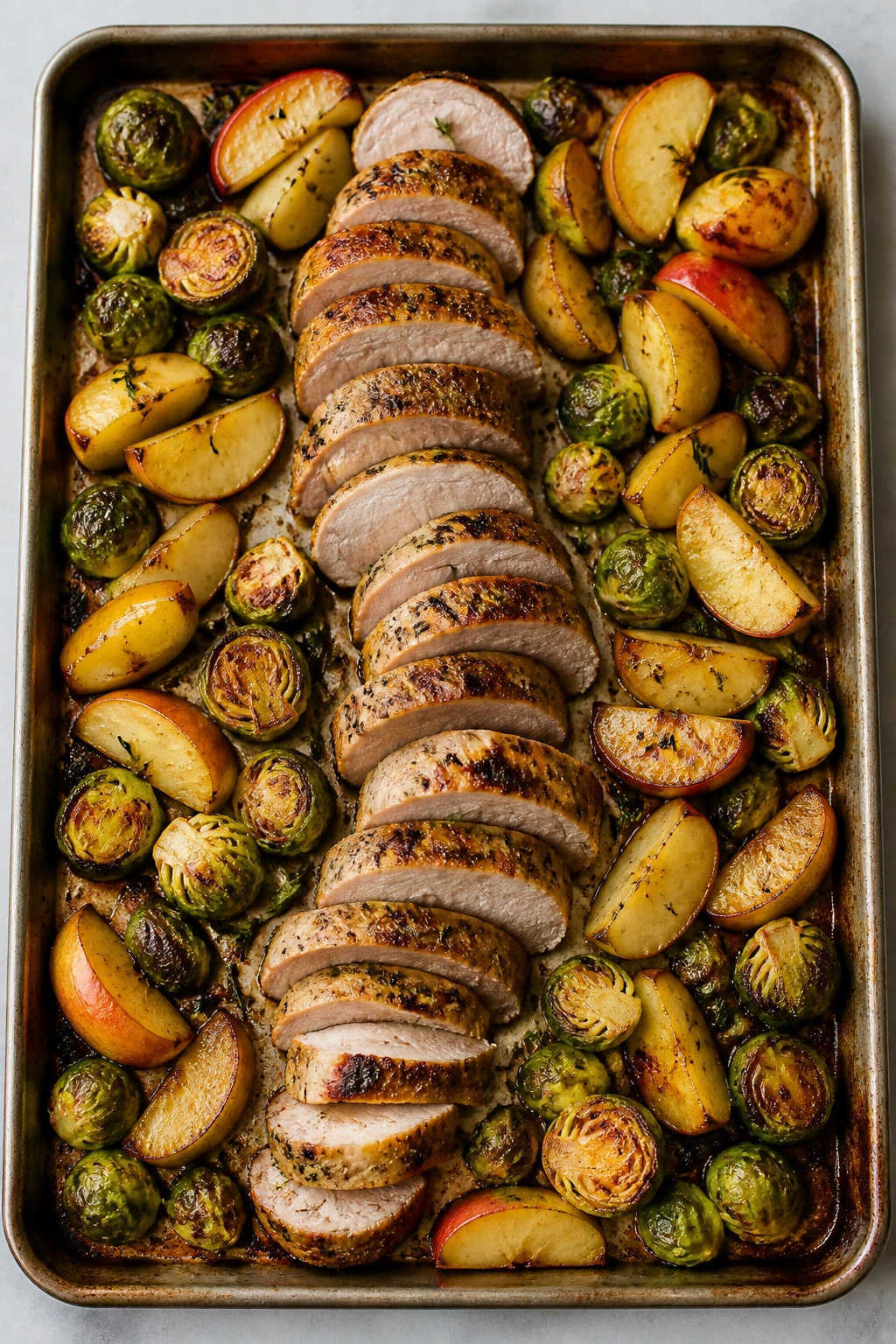 Sheet pan with pork tenderloin, apples and Brussels sprouts roasted together