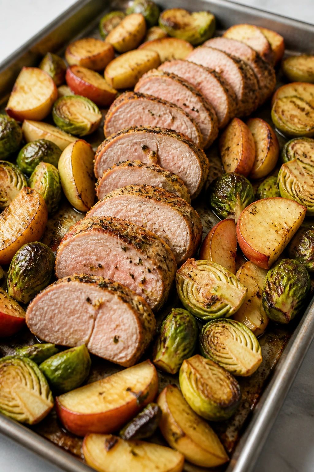 Roasted sheet-pan pork with apples and Brussels sprouts on a counter
