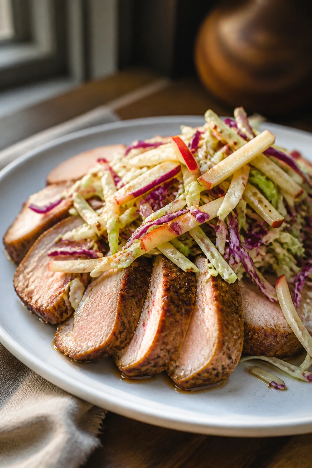 Close-up of pork tenderloin with apple-cabbage slaw on a rustic plate