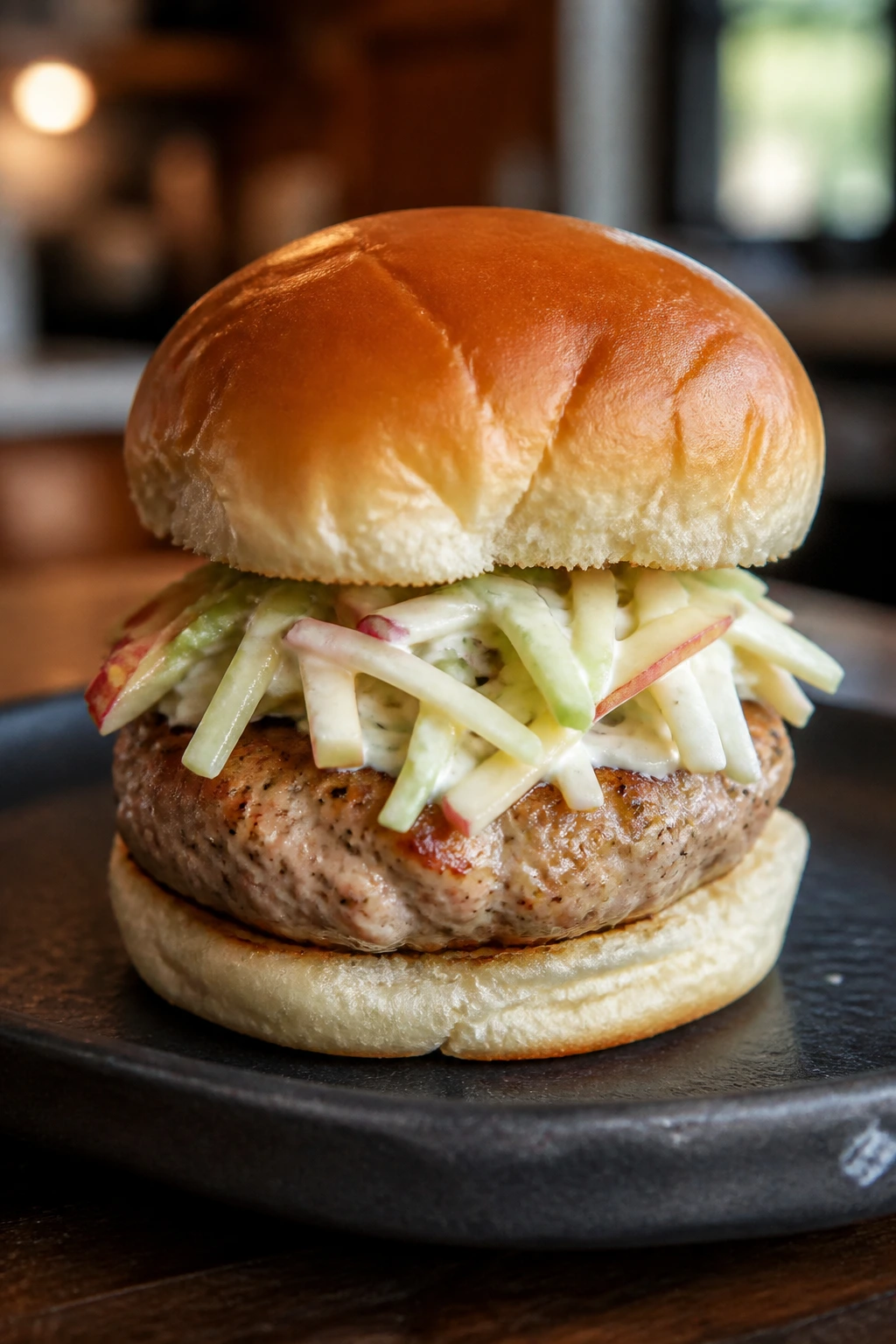 Close-up of pork tenderloin slider with apple slaw on a slate plate