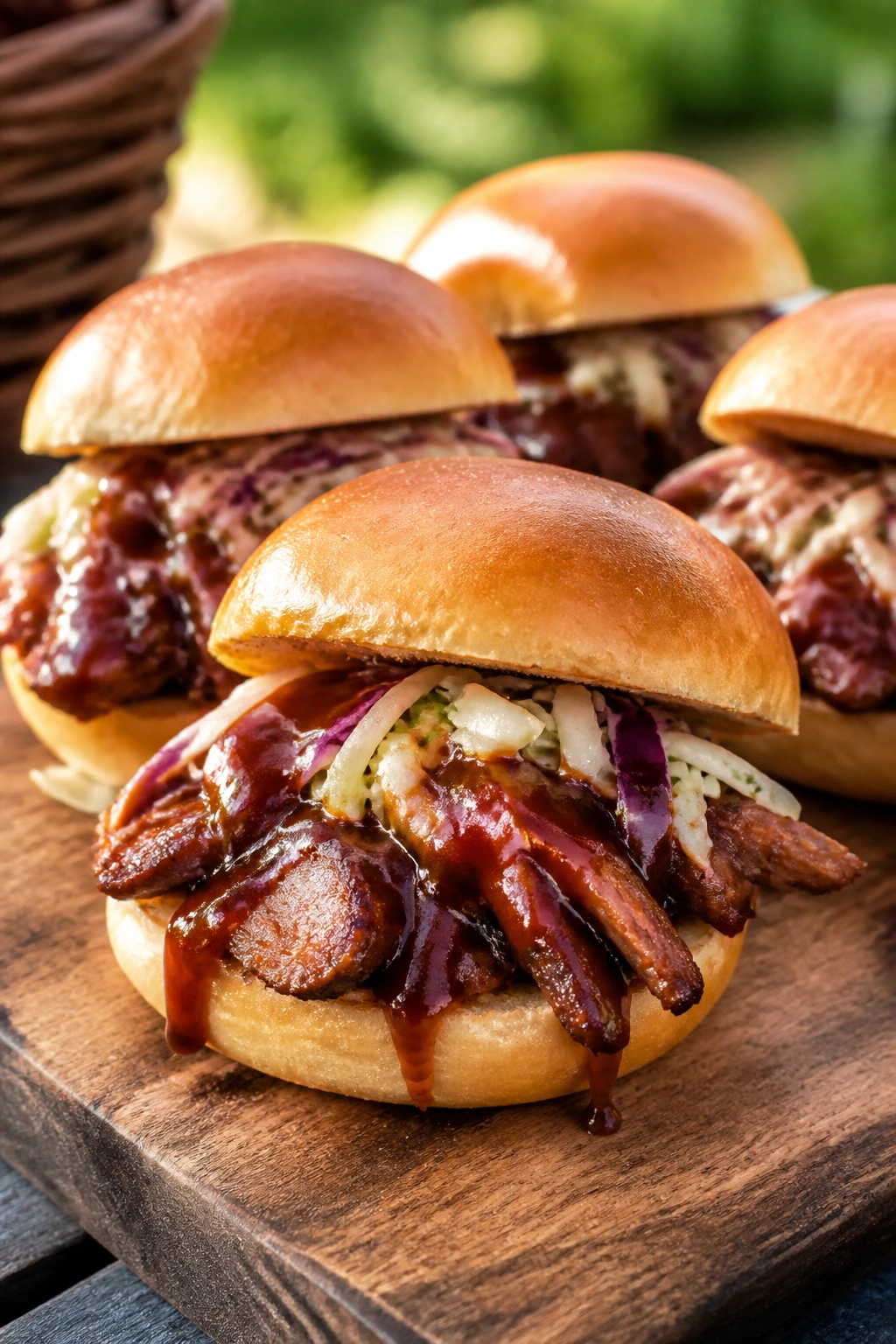 Pork tenderloin sliders with BBQ glaze on a rustic board outdoors