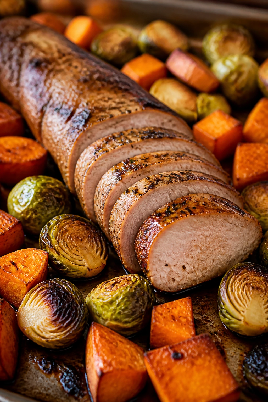 Roasted pork tenderloin with sweet potatoes and Brussels sprouts on a pan