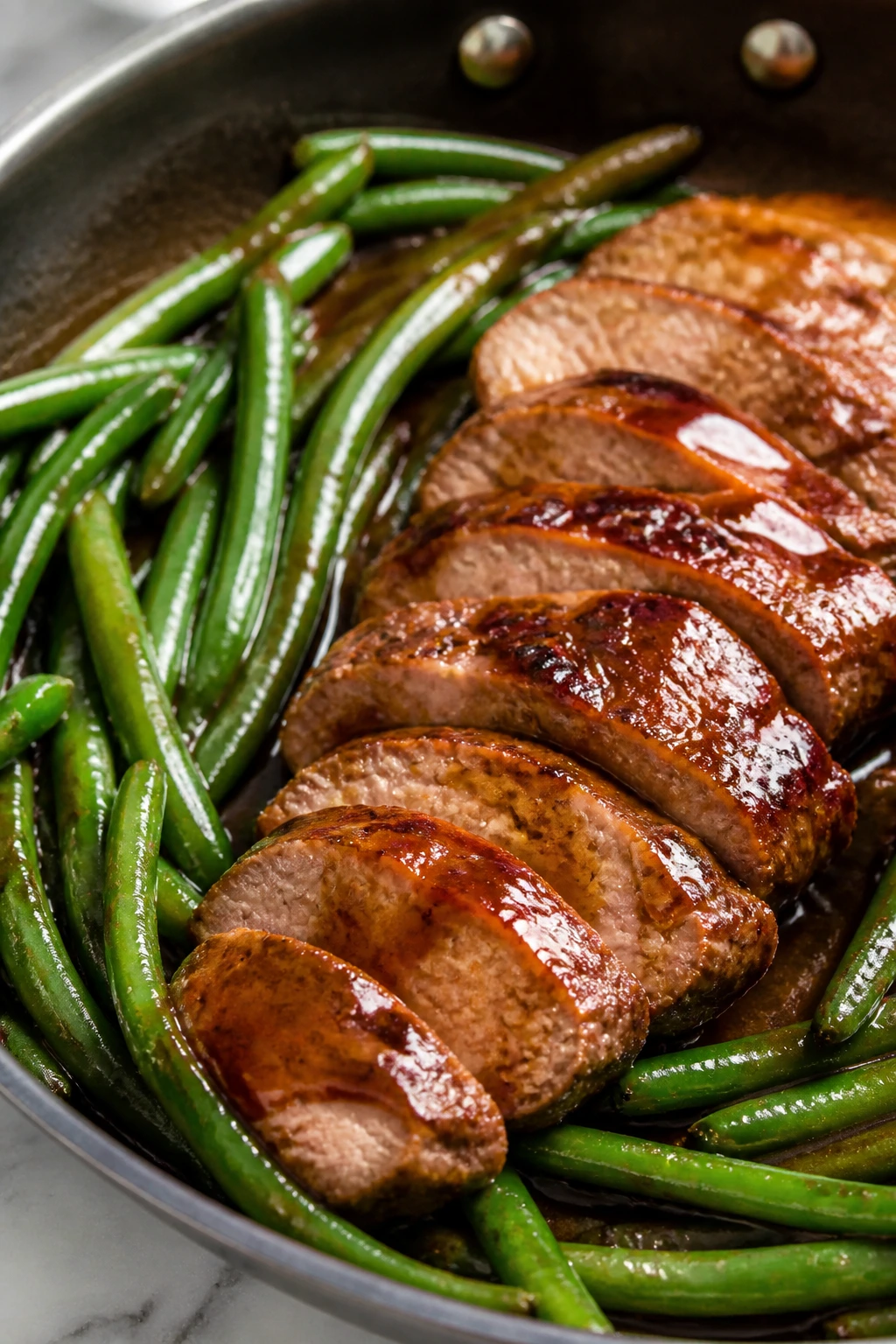 Sliced pork tenderloin with teriyaki glaze and green beans