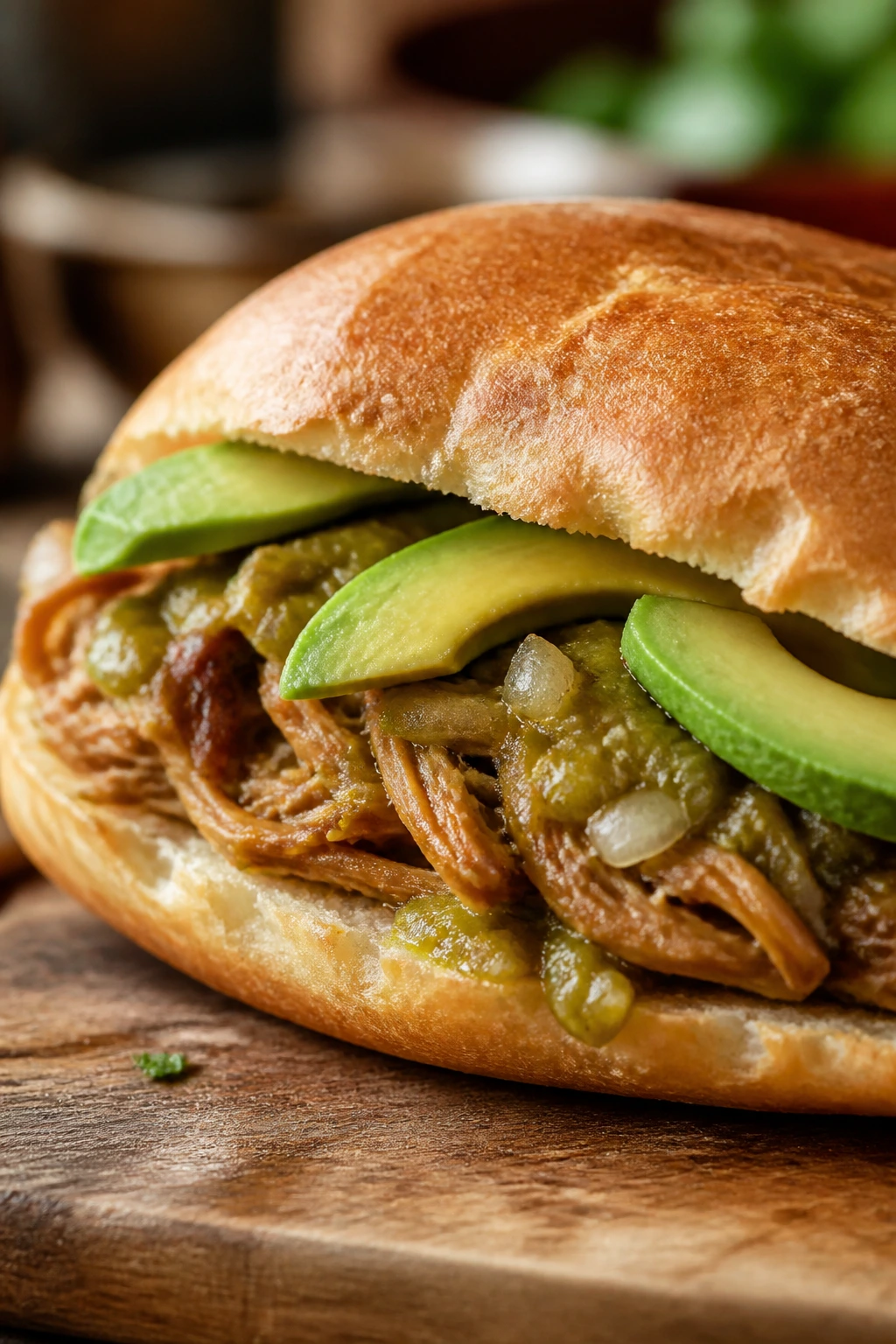 Close-up torta sandwich with pork, avocado, and salsa verde in a crusty roll