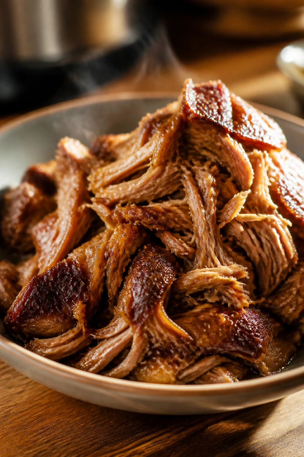 Shredded pork with glossy finish and caramelized edges