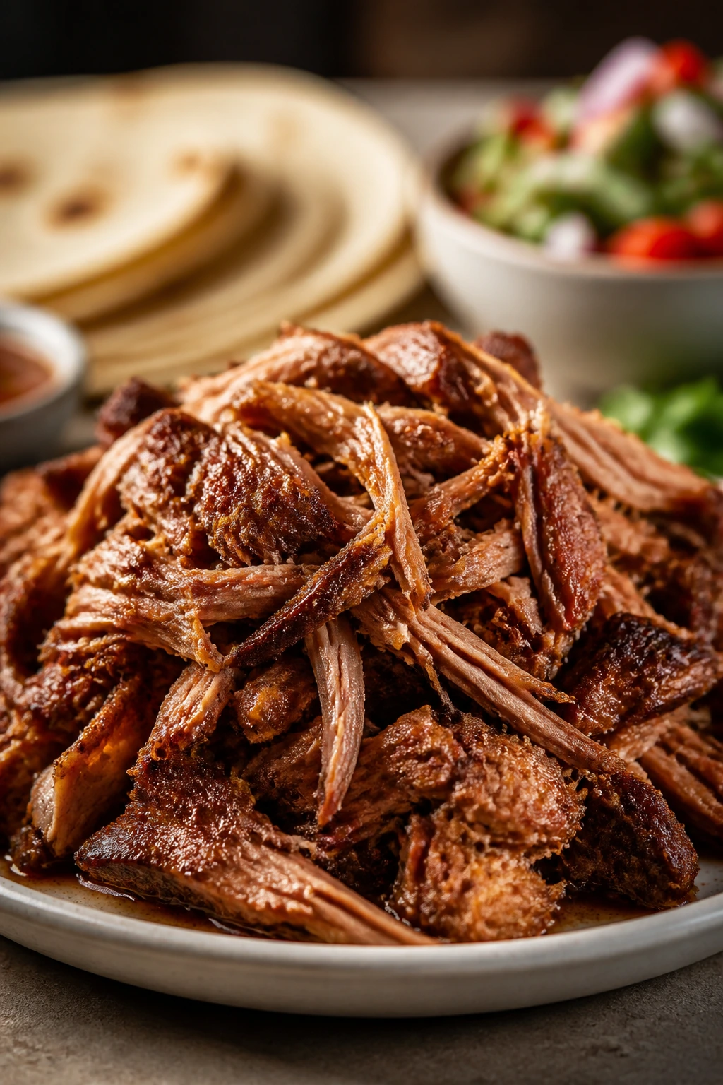 Shredded pork mound ready for tacos, sandwiches, or bowls