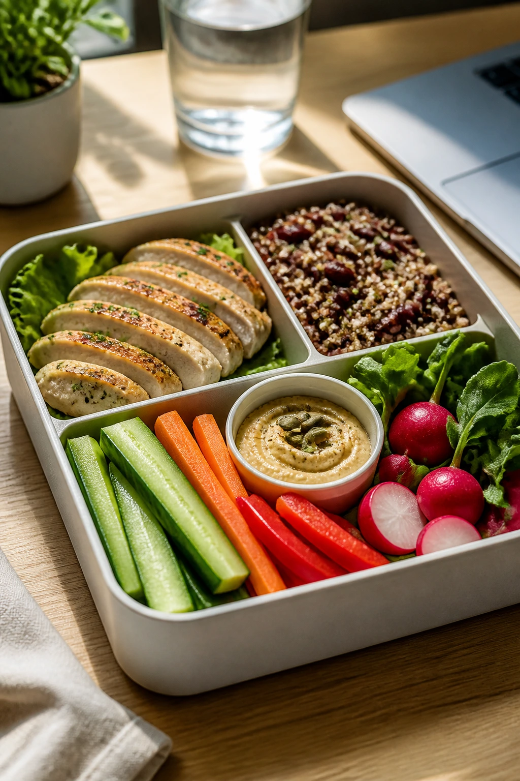 Bento-style lunch box with protein, grains, and crisp vegetables