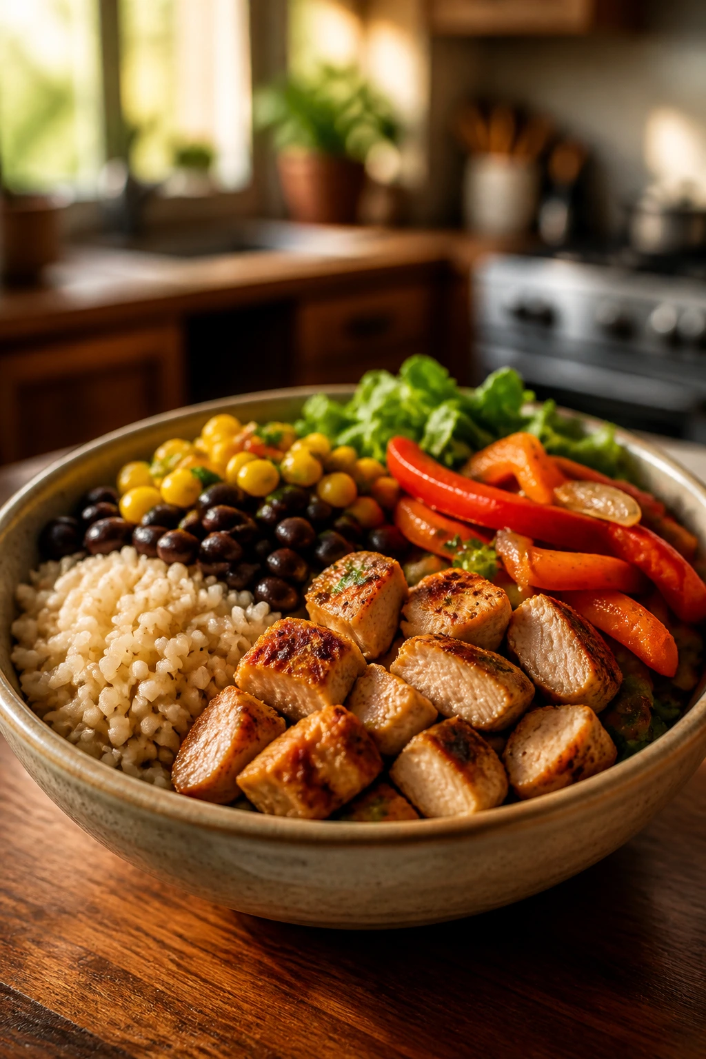 Portioned dinner bowl showing rice, chicken, beans and vegetables in a warm kitchen setting