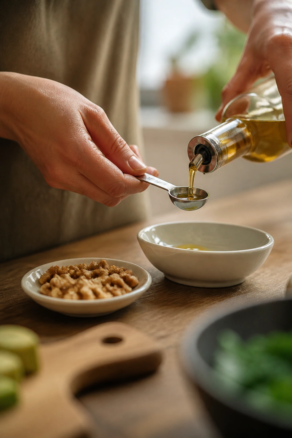 Close-up of hands measuring olive oil with a teaspoon over a dish in a kitchen