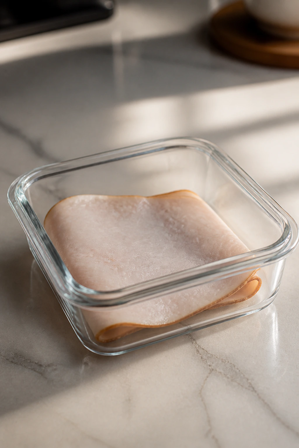 Close-up of a single turkey slice portion in a small container on a kitchen counter