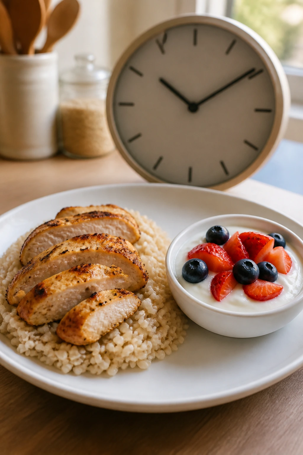 Divided plate showing large and small portions with a numeral-free clock in the background