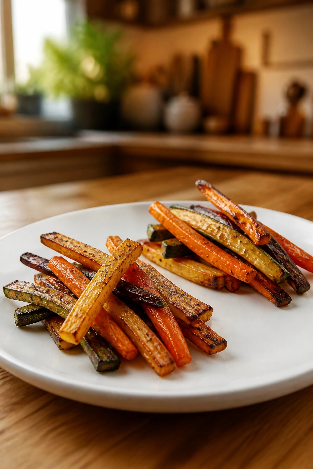 Two portions of veggie fries on a plate with warm kitchen backdrop