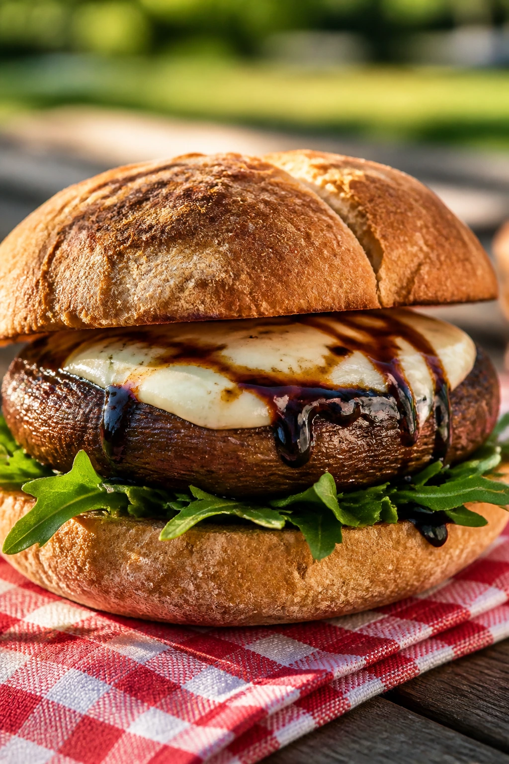 Close-up portobello sandwich with mozzarella and balsamic