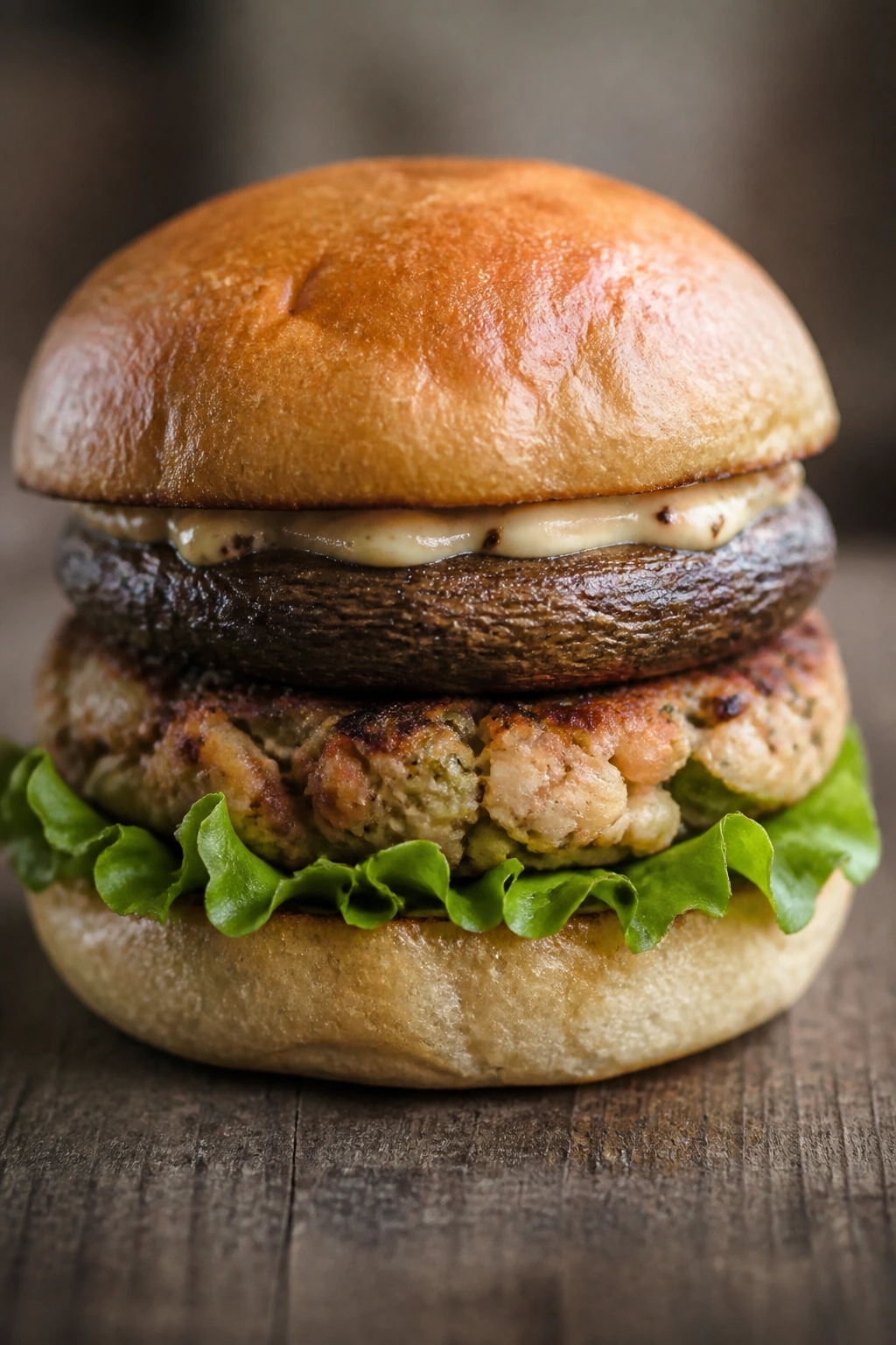 Portobello mushroom burger with white bean patty in a bun