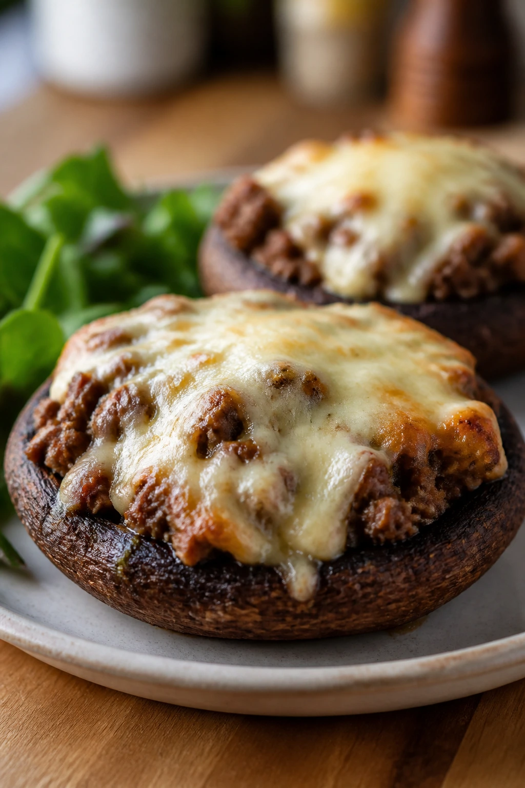 Close-up of Portobello beef melts on a plate