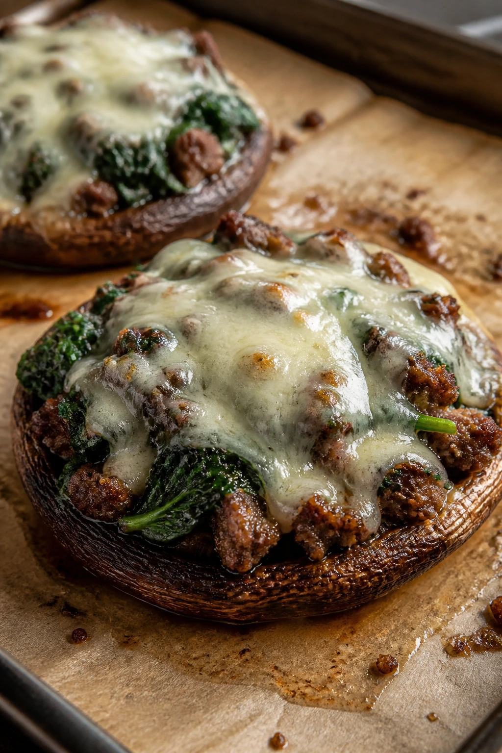 Close-up of portobello beef melts with spinach and provolone