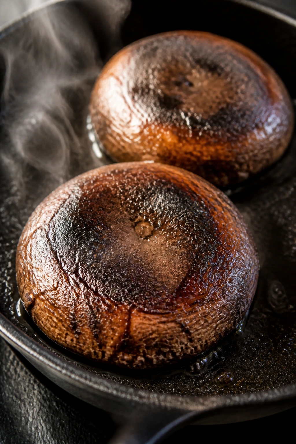 Portobello caps browning in a skillet with steam