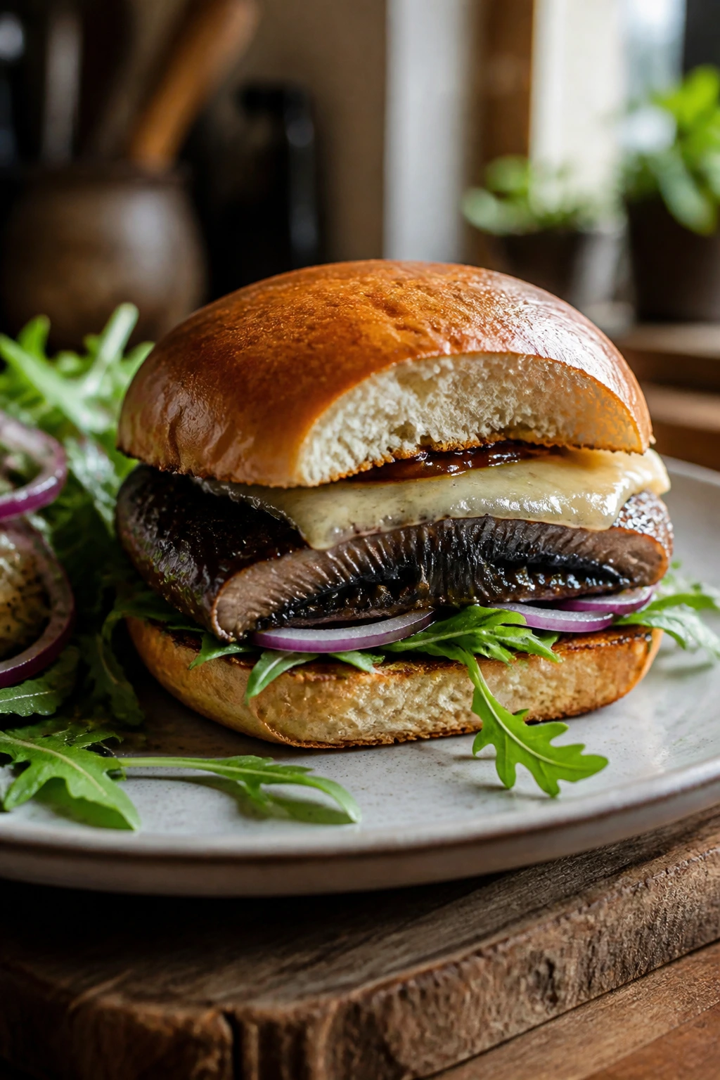 Close-up of juicy Portobello Burger on plate with arugula and onions