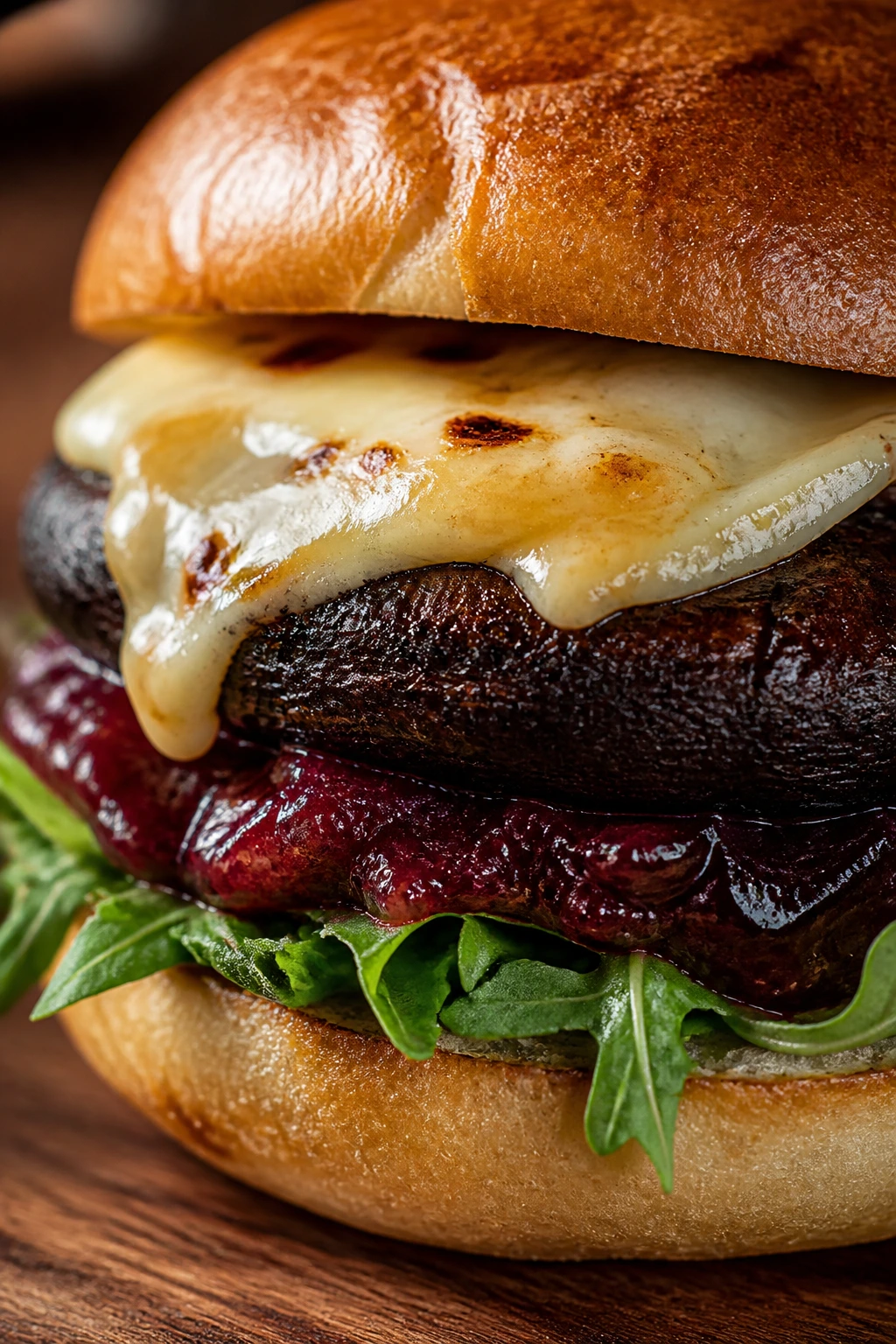 Close-up of brie-melted cranberry portobello burger on a kitchen counter