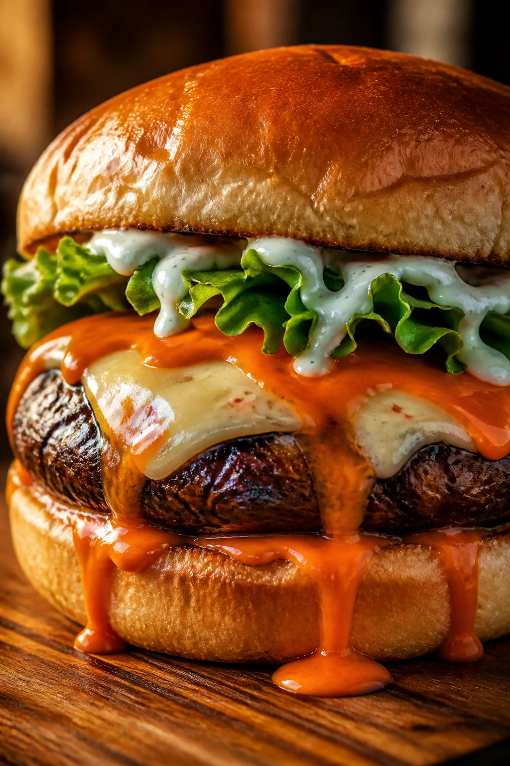 Buffalo ranch portobello burger close-up on wooden board