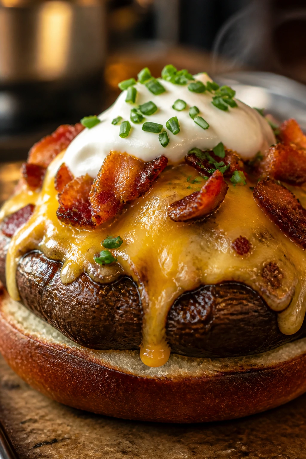 Cheesy loaded baked potato portobello burger close-up