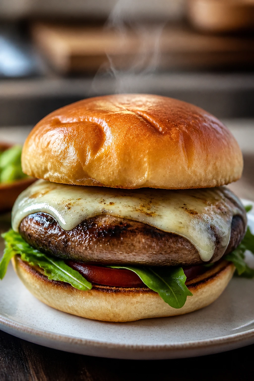 Close-up of portobello burger with melted cheese on plate