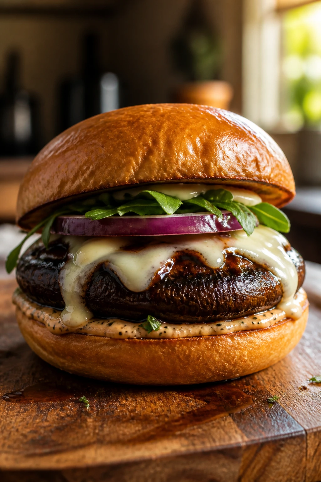 Close-up of a juicy portobello burger on a toasted bun with melted cheese in a cozy kitchen