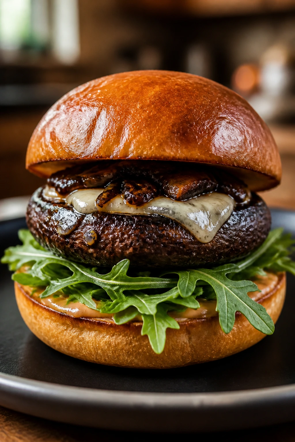 Close-up of glossy portobello burger on brioche bun with arugula in a warm kitchen